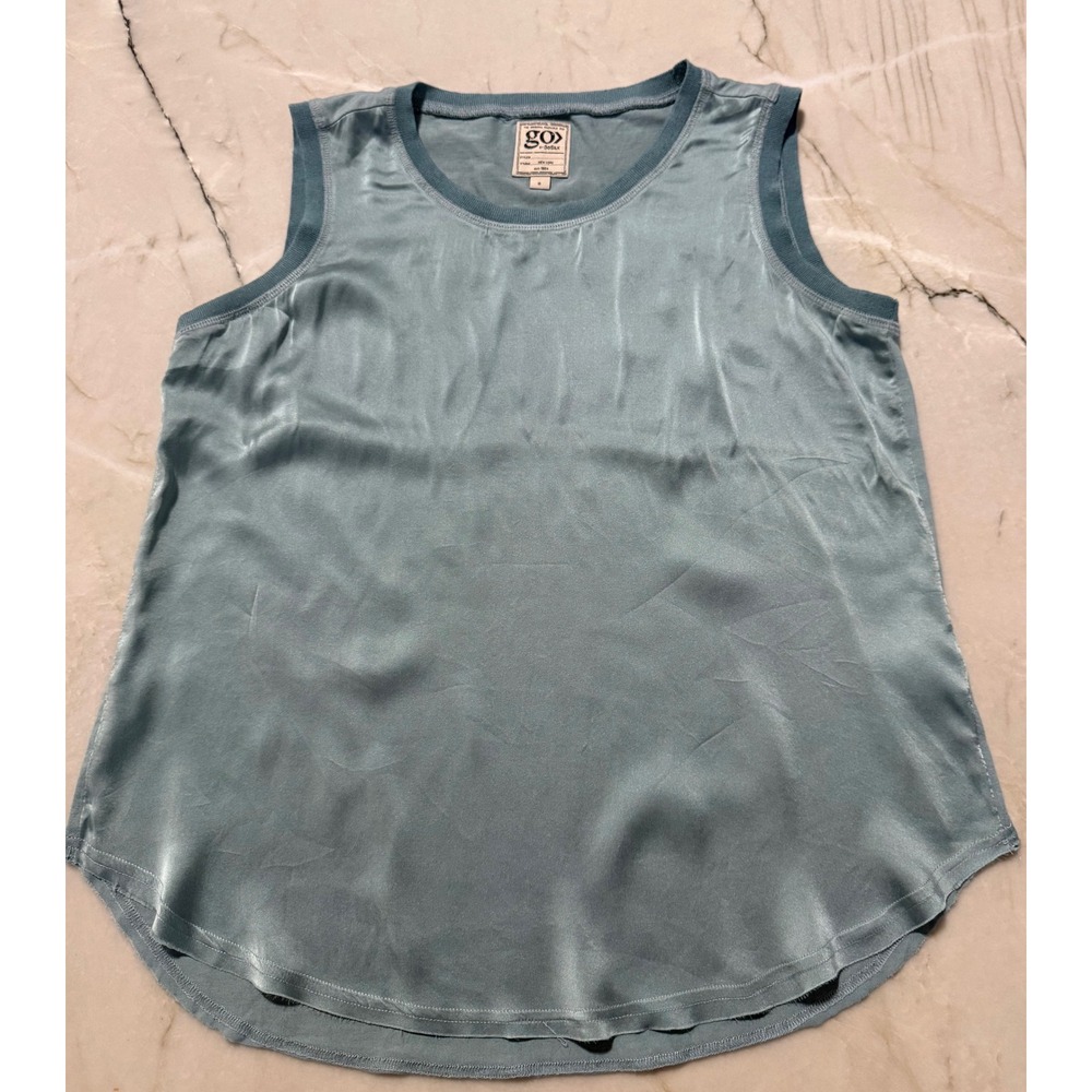 Go by GoSilk Womens Blue Washable Silk Mixed Media Knit Back Tank Top Small